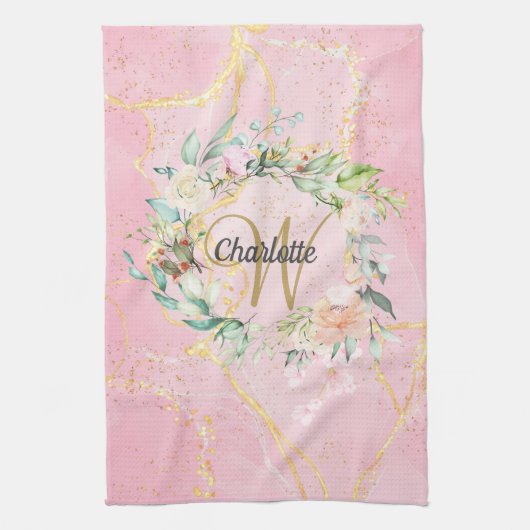 Linge De Cuisine Floral Gold Script Monogramme rose Géode Agate (Vertical)