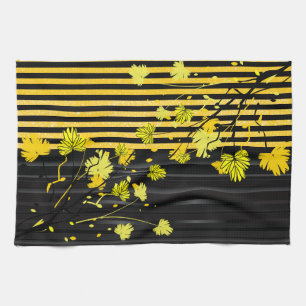 Linge De Cuisine Floral jaune et noir d'art déco