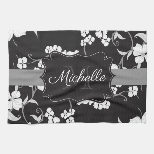 Linge De Cuisine Floral noir et blanc (Horizontal)