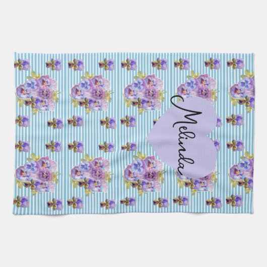 Linge De Cuisine Floral Purple Viola Blue Lilac Pansy Womans Name (Horizontal)