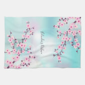 Linge De Cuisine Floral Rose Turquoise Cherry Blossom Ajouter Nom (Horizontal)