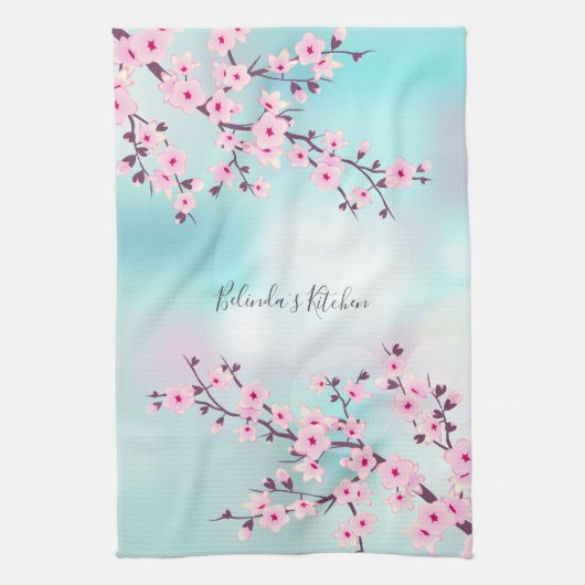 Linge De Cuisine Floral Rose Turquoise Cherry Blossom Ajouter Nom (Vertical)