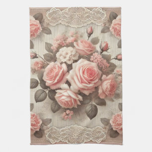 Linge De Cuisine Floral rose vintage avec bordure dentelle