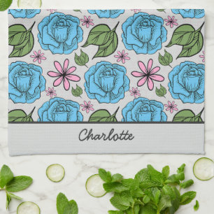 Linge De Cuisine Floral sans couture motif bleu & rose personnalisé