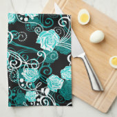 Linge De Cuisine Flore tendance | Roses noires Turquoise et Blanche (Quart Plié)