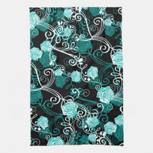 Linge De Cuisine Flore tendance   Roses noires Turquoise et Blanche