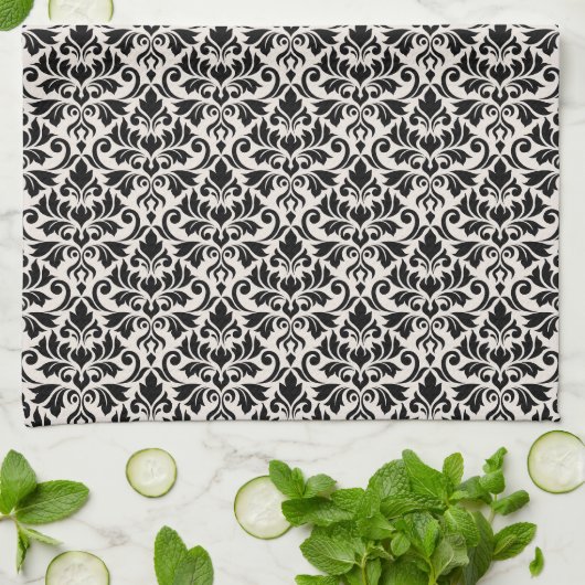 Linge De Cuisine Flourish Damask Pattern Black on Cream (Plié)