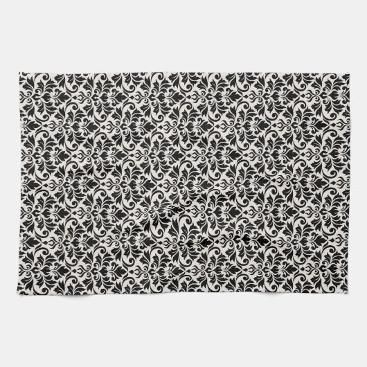 Linge De Cuisine Flourish Damask Pattern Black on Cream (Horizontal)