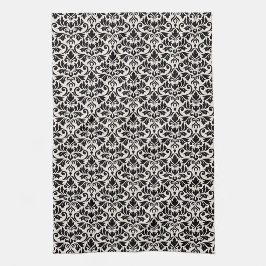Linge De Cuisine Flourish Damask Pattern Black on Cream (Vertical)