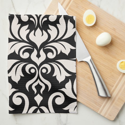 Linge De Cuisine Flourissant Damask Art I Cream sur Black (Quart Plié)