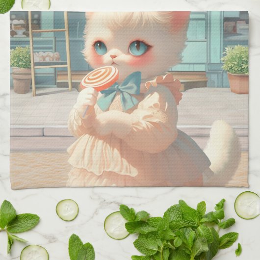Linge De Cuisine Fluffy Kitten avec Lollipop à la pâtisserie (Plié)