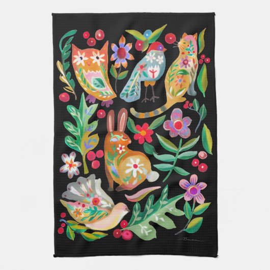 Linge De Cuisine Folk Art Floral Animal Friends Black (Vertical)