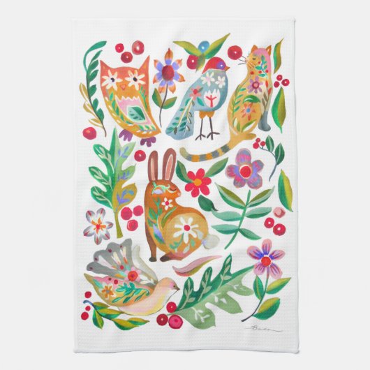 Linge De Cuisine Folk Art Floral Animal Friends Blanc (Vertical)