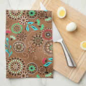 Linge De Cuisine Folk ethnique abstrait motif floral brun rétro (Quart Plié)