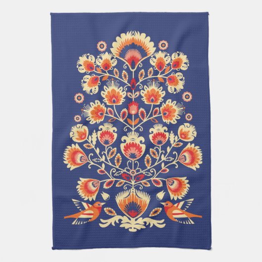 Linge De Cuisine 💙 💛 🧡 Folklore aux fleurs jaunes et aux oiseaux (Vertical)