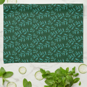 Linge De Cuisine Fond vert foncé avec feuilles botaniques sarcelle