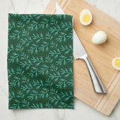 Linge De Cuisine Fond vert foncé avec feuilles botaniques sarcelle (Quart Plié)