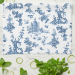 Linge De Cuisine Fontaines et arbres fantastiques vintages bleu toi<br><div class="desc">Adaptation harmonieuse historique d'un motif textile John Munn anglais gravé toile de jouy vers 1770 avec un monument classique à Shakespeare,  fontaines,  oiseaux et fleurs exotiques. Bleu sur arrière - plan blanc.</div>