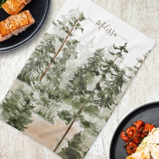 Linge De Cuisine Forêt verte aquarelle