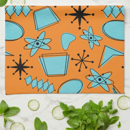 Linge De Cuisine Formes atomiques MCM Turquoise sur orange (Plié)