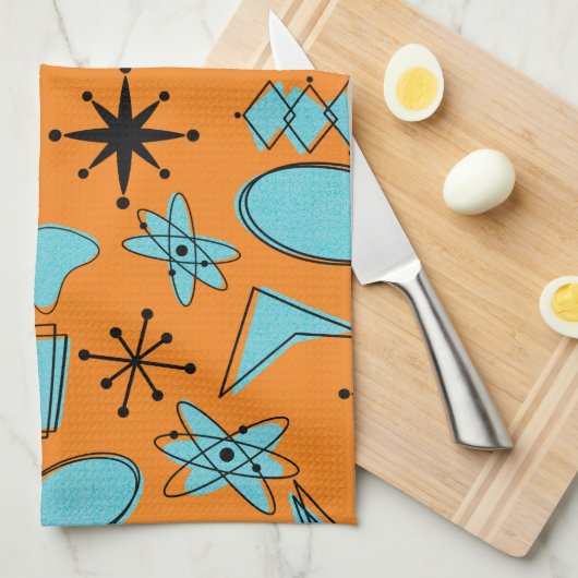 Linge De Cuisine Formes atomiques MCM Turquoise sur orange (Quart Plié)