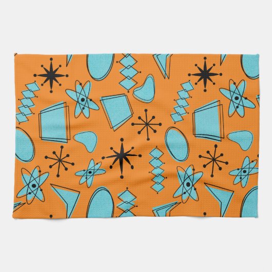 Linge De Cuisine Formes atomiques MCM Turquoise sur orange (Horizontal)