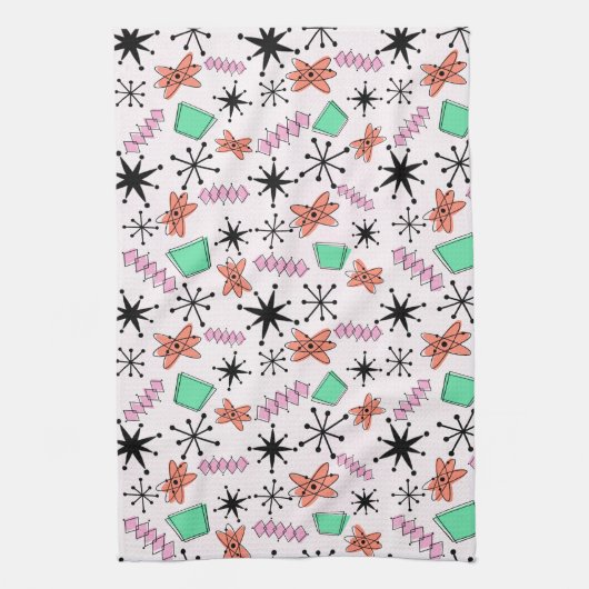 Linge De Cuisine Formes rétro atomiques rose orange et vert (Vertical)