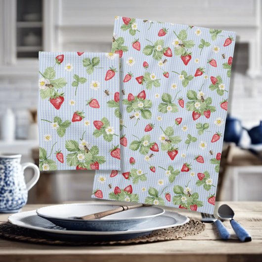 Linge De Cuisine Fraises d'abeilles Aquarelle Bleu Pinces