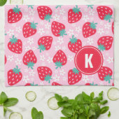 Linge De Cuisine Fraises Fleurs Rouge Rose Monogramme (Plié)