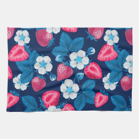 Linge De Cuisine Fraises roses sur bleu (Horizontal)