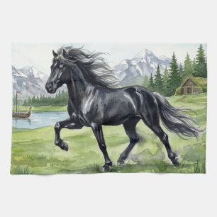 Linge De Cuisine Freydis Black Horse dans un paysage nordique