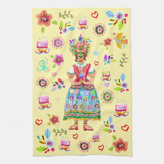 Linge De Cuisine Frida Kahlo Flower Folk Art Inspiration (Vertical)