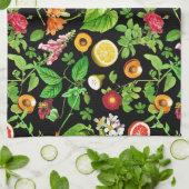 Linge De Cuisine Fruits And Leaves Pattern On Black (Plié)