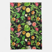 Linge De Cuisine Fruits And Leaves Pattern On Black (Vertical)