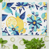 Linge De Cuisine Fruits Et Fleurs Bleus Et Jaunes (Plié)