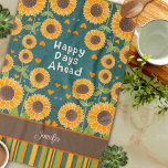 Linge De Cuisine Fun Happy Sunflower Stripes Personnalisé Nom éléga<br><div class="desc">Chic motif floral personnalisé moderne serviette de cuisine en rayures. Ces serviettes colorées de cuisine tournesol sont parfaites pour ajouter une pop de couleur à votre cuisine. Faites-les uniquement à vous en ajoutant votre nom ou votre devis préféré. Que vous soyez un chef chevronné ou un aspirant cuisinier, ces serviettes...</div>