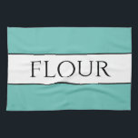 Linge De Cuisine Fun Retro Lumière Turquoise Noir Blanc FLEURS<br><div class="desc">Ce design amusant de table de cuisine colorée présente du texte de FLOUR à l'intérieur d'une large bande blanche centrale surlignée de rayures noires contre des rayures extérieures d'aqua turquoises lumineuses. Le texte peut être personnalisé.</div>