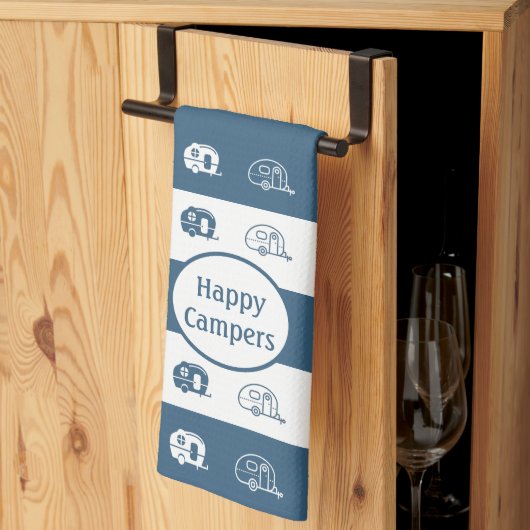 Linge De Cuisine Fun Retro RV Happy Campers en bleu et blanc (Pliage en tiers)