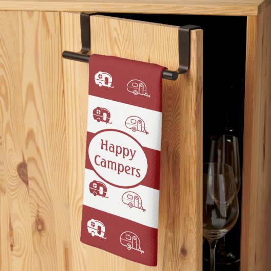 Linge De Cuisine Fun Retro RV Happy Campers en Rouge et Blanc Profo (Pliage en tiers)