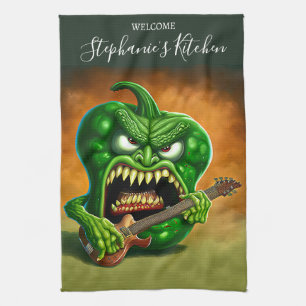 Linge De Cuisine Funny Monster Green Bell Poivre Rocker Guitare