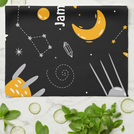 Linge De Cuisine Fusées Lune Jaune Noire (Plié)