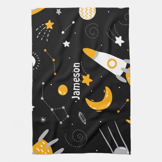 Linge De Cuisine Fusées Lune Jaune Noire (Vertical)