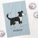 Linge De Cuisine Gallois Bordure Collie Sheepdog Nom personnalisé<br><div class="desc">Un mignon chien de Border Collie sur un arrière - plan bleu doux. Modifiez ou supprimez le texte à customiser. Art original de Nic Squirrell.</div>