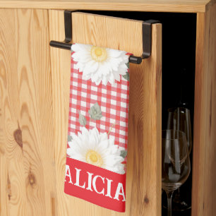 Linge De Cuisine Gingham Rouge de Campagne avec Marguerites Blanche
