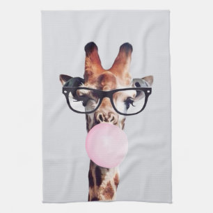 Linge De Cuisine Girafe portant des lunettes soufflant un bubble gu