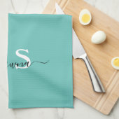 Linge De Cuisine Girly Argent et Monogramme Turquoise Pailleté (Quart Plié)