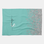 Linge De Cuisine Girly Argent et Monogramme Turquoise Paillettes (Horizontal)