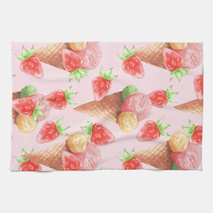 Linge De Cuisine Glace à la Fraise Sucrée Aquarelle Apro