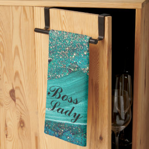Linge De Cuisine Glittery Aqua Peinture Strots Boss Lady