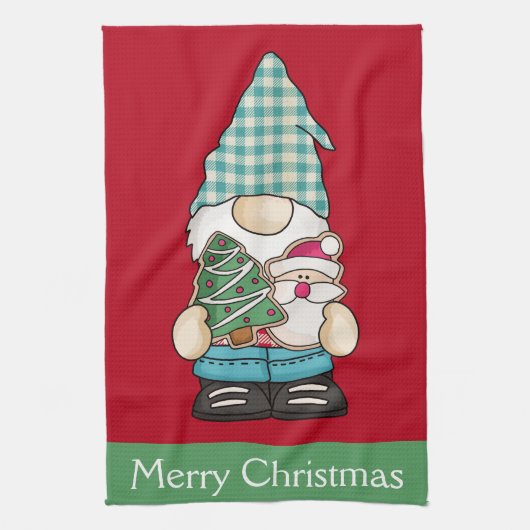 Linge De Cuisine Gnome Rouge Vert Noël Fête Personnalisée (Vertical)